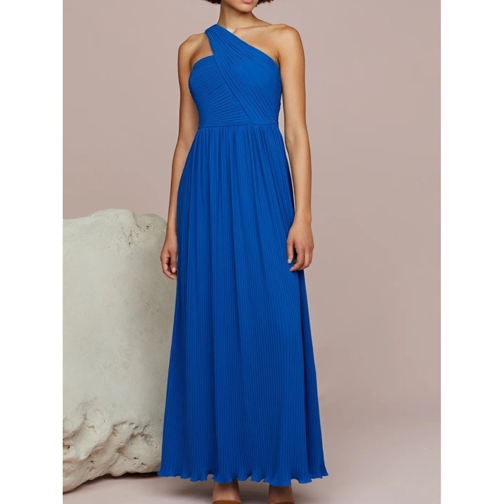AMUR Skye One Shoulder Pleated Chiffon Gown Poseidon Blue Size 4
